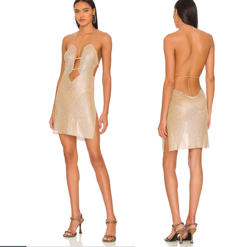8 Other Reasons *Jaguar* gold crystal chain mail mini backless party dress OS